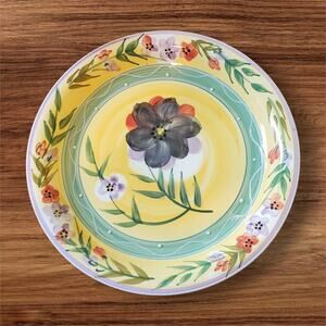 Painted Floral Ceramic Plate Yellow & Green with Black Flower,Boho Cottage Style